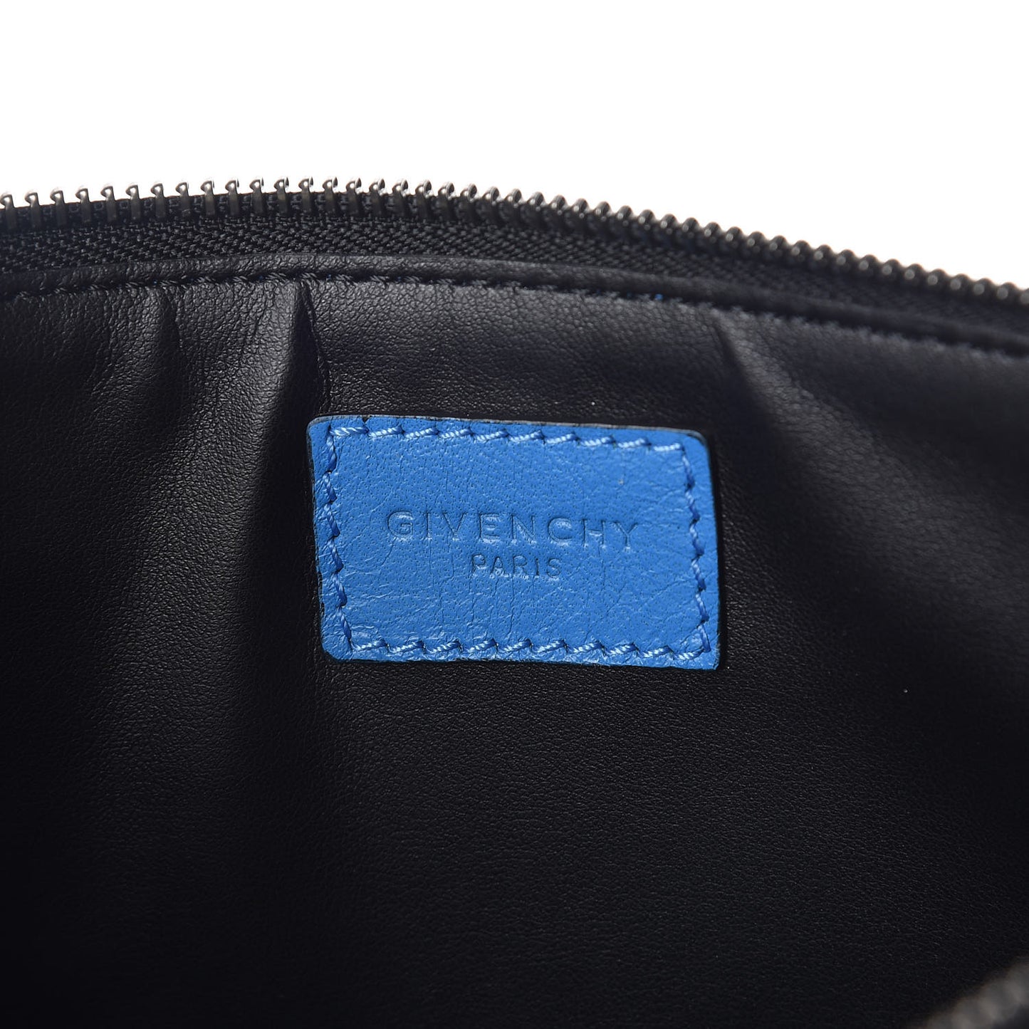 Calfskin Logo Stripe Large Zip Pouch Electric Blue White