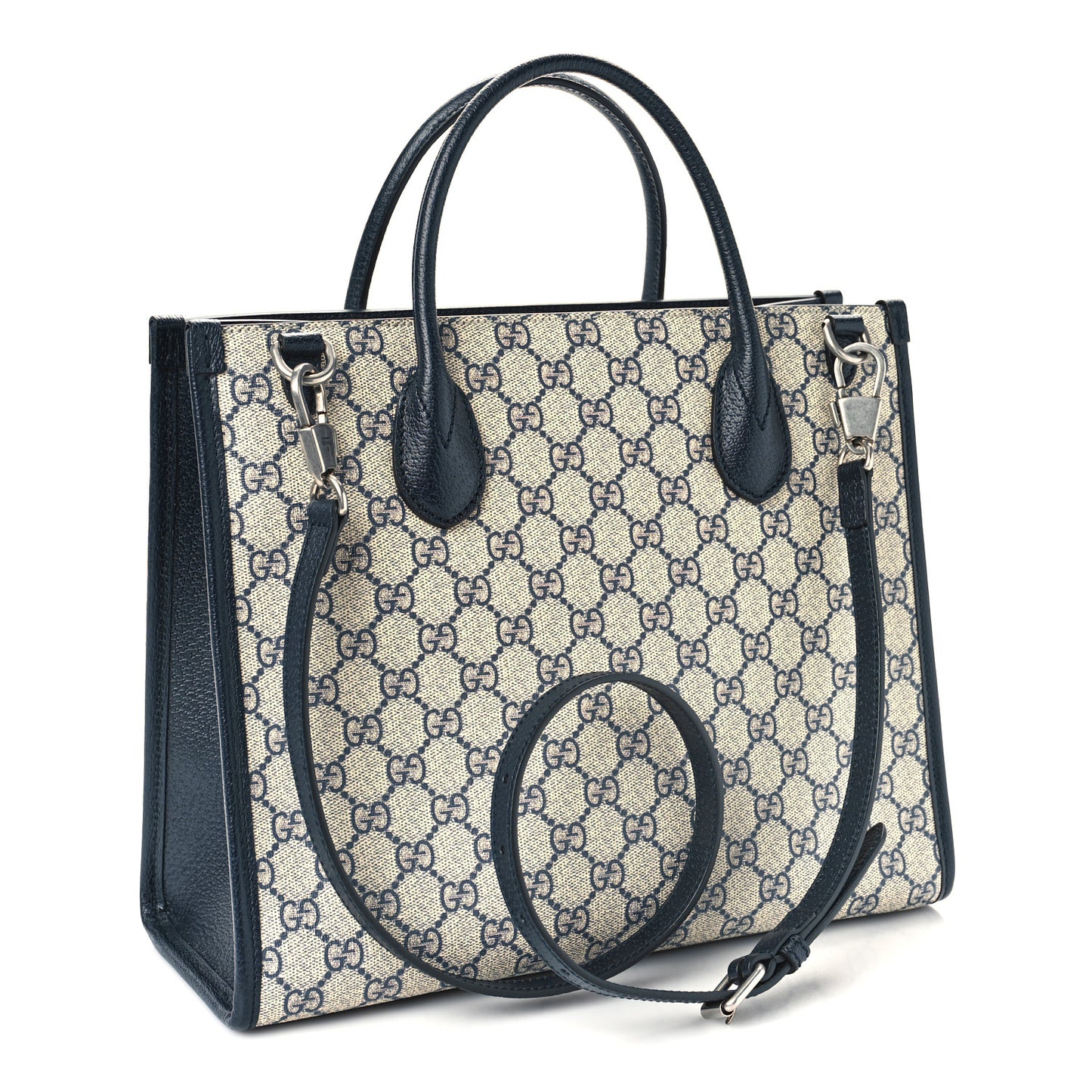 GG Supreme Monogram Textured Dollar Calfskin Small Retro Interlocking G Tote Bag Beige Blue