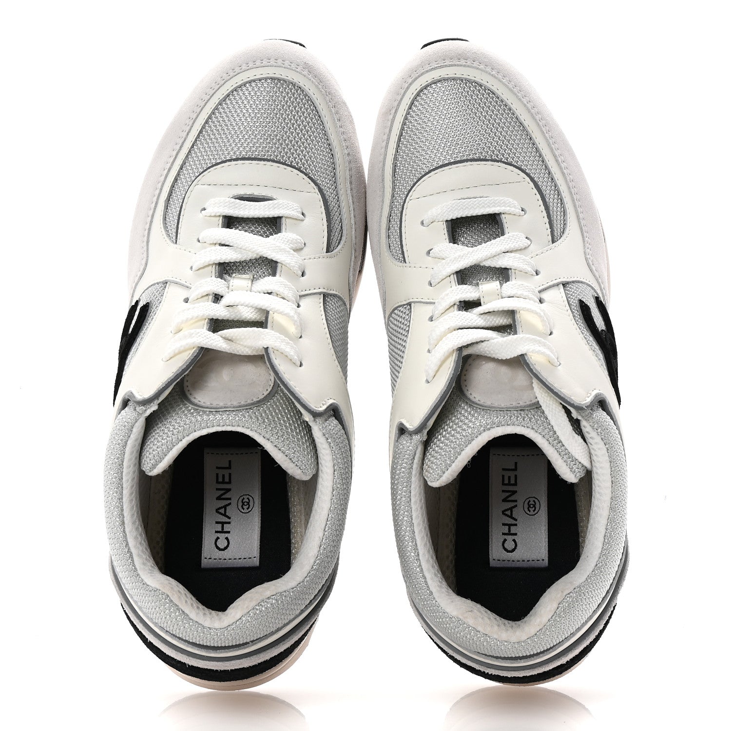 Chanel Calfskin Fabric Womens CC Sneakers 40 White Silver Light Grey 3 of 20