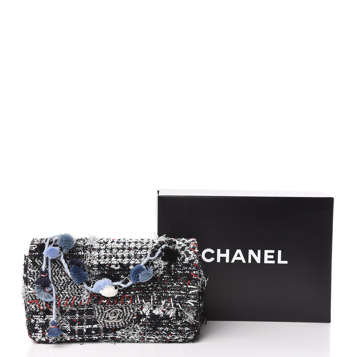 Tweed Pompom Flap Bag Multicolor