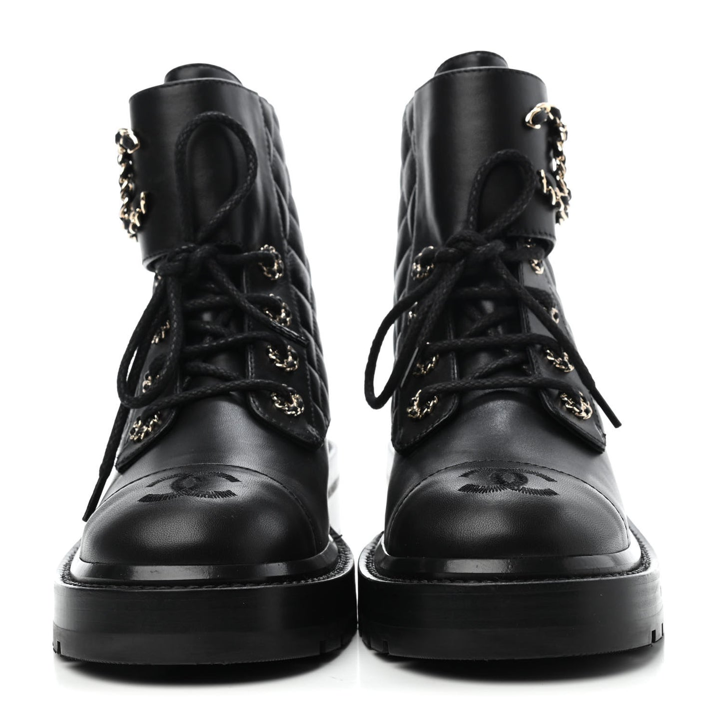 Shiny Lambskin Quilted Lace Up Combat Boots 35.5 Black