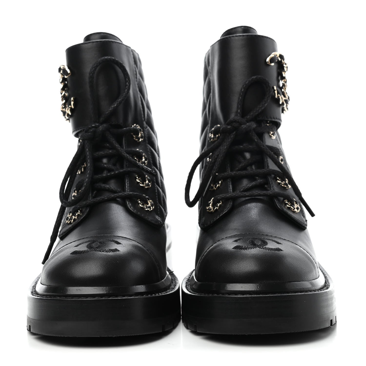 Chanel Shiny Lambskin Quilted Lace Up Combat Boots 35.5 Black 2 of 4
