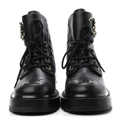 Chanel Shiny Lambskin Quilted Lace Up Combat Boots 35.5 Black 2 of 4