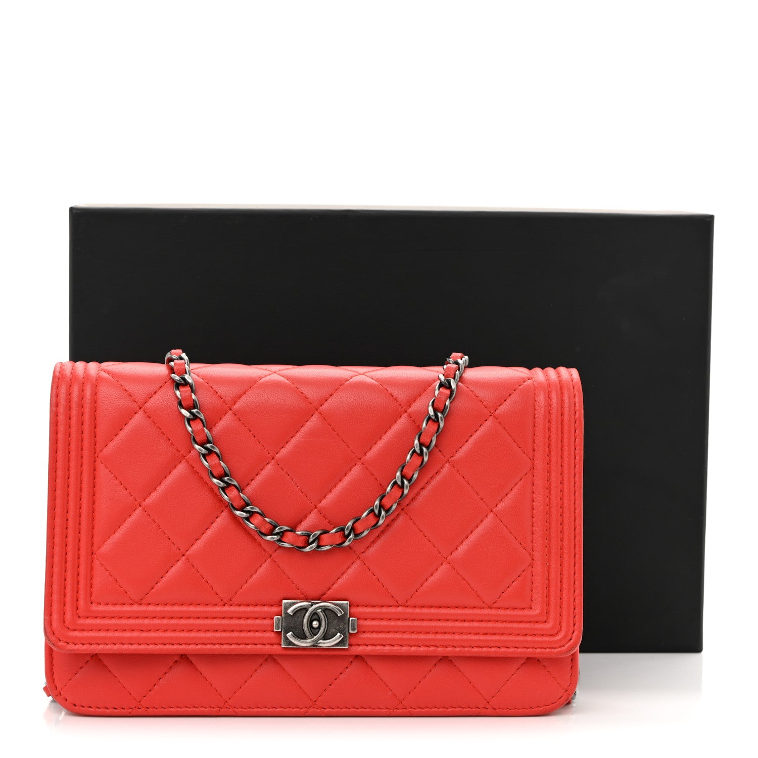 Chanel Lambskin Quilted Boy Wallet On Chain WOC Red 12 of 12