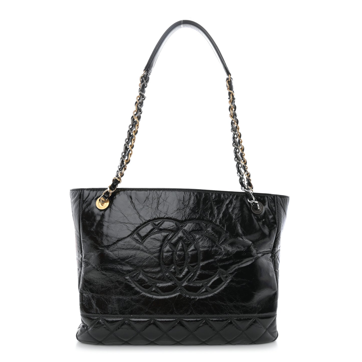 Shiny Aged Calfskin Quilted Small Shopping Bag Black