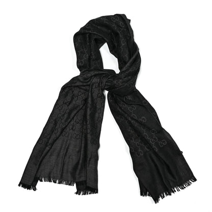 Gucci Wool Silk Jacquard Monogram Fringe Scarf Anthracite Black 1 of 4