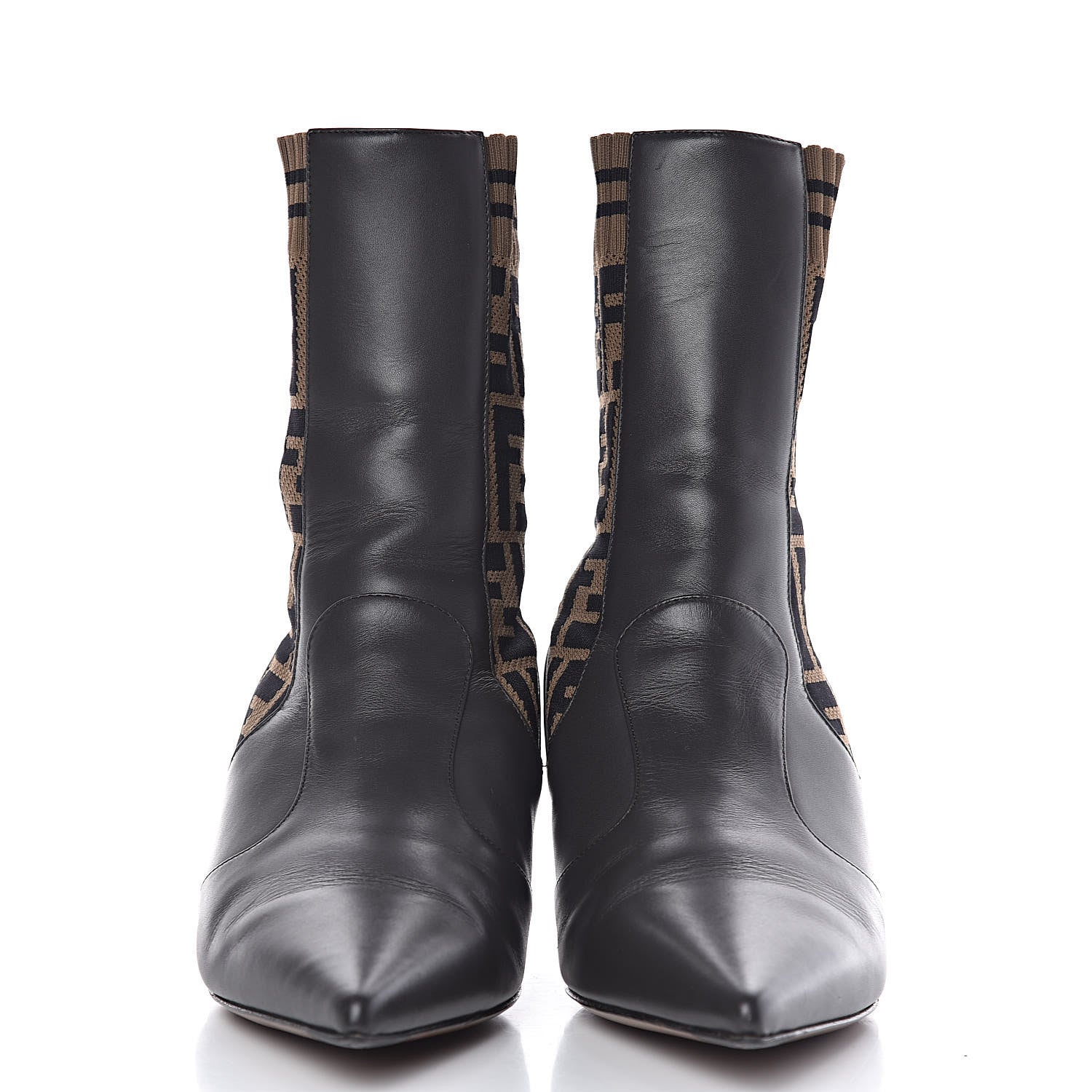 Fendi Vitellino Microfiber Fabric FF Rockoko Low Heel Sock Boots 38.5 Ebano Tobacco Black 2 of 11
