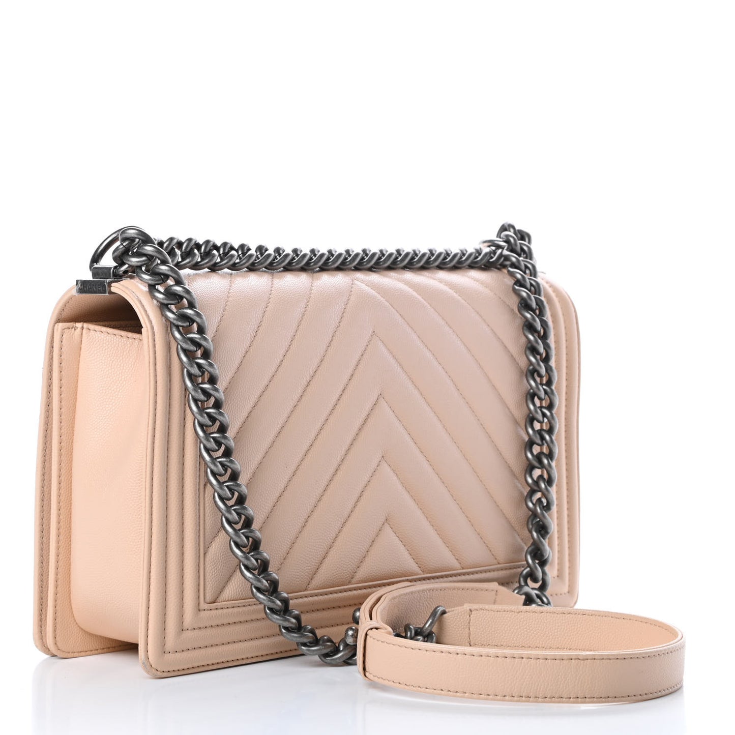 Caviar Chevron Quilted New Medium Boy Flap Light Beige