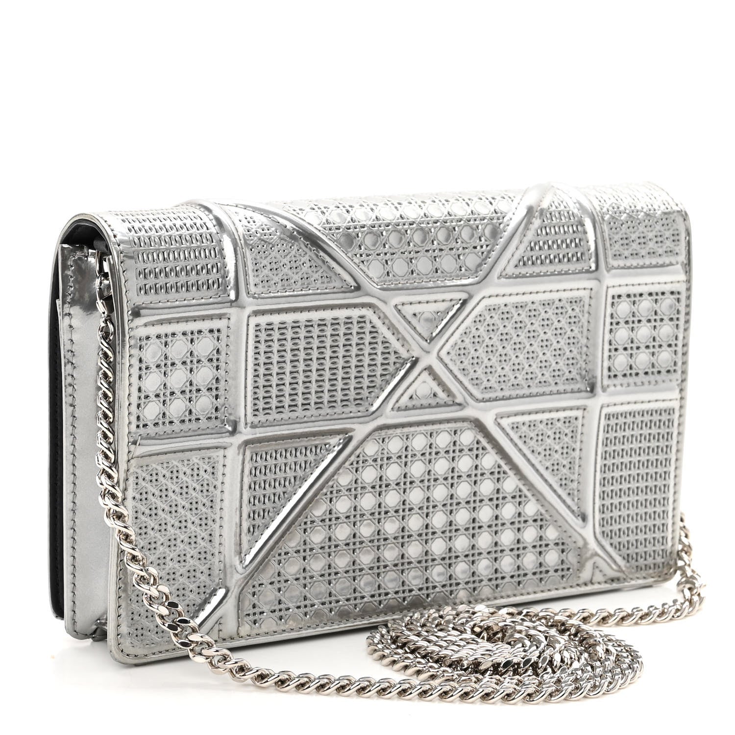 Christian Dior Metallic Patent Micro-Cannage Diorama Wallet on Chain Pouch Silver 3 of 8
