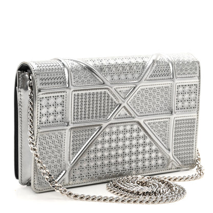Christian Dior Metallic Patent Micro-Cannage Diorama Wallet on Chain Pouch Silver 3 of 8