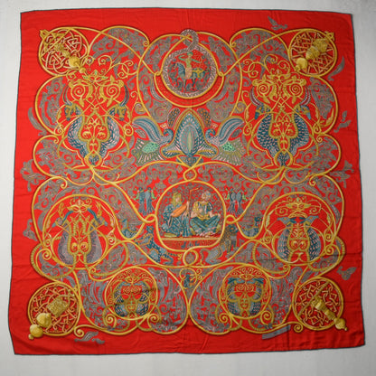 Hermes Cashmere Silk La Charmante Aux Animaux Scarf 140 Rouge Ardoise Vieil Or 2 of 6