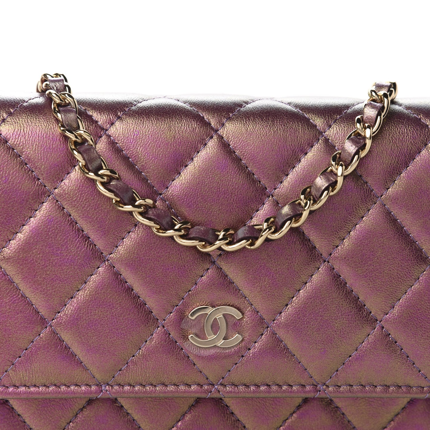 Iridescent Lambskin Quilted Mini Wallet On Chain WOC Purple