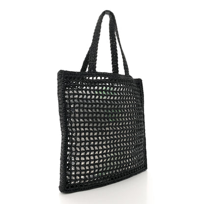 Prada Yarn Raffia Effect Crochet Logo Embroidered Tote Bag Black 3 of 10