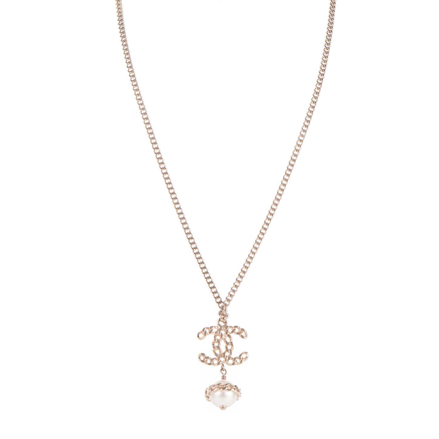 Chain CC Pearl Drop Necklace Gold