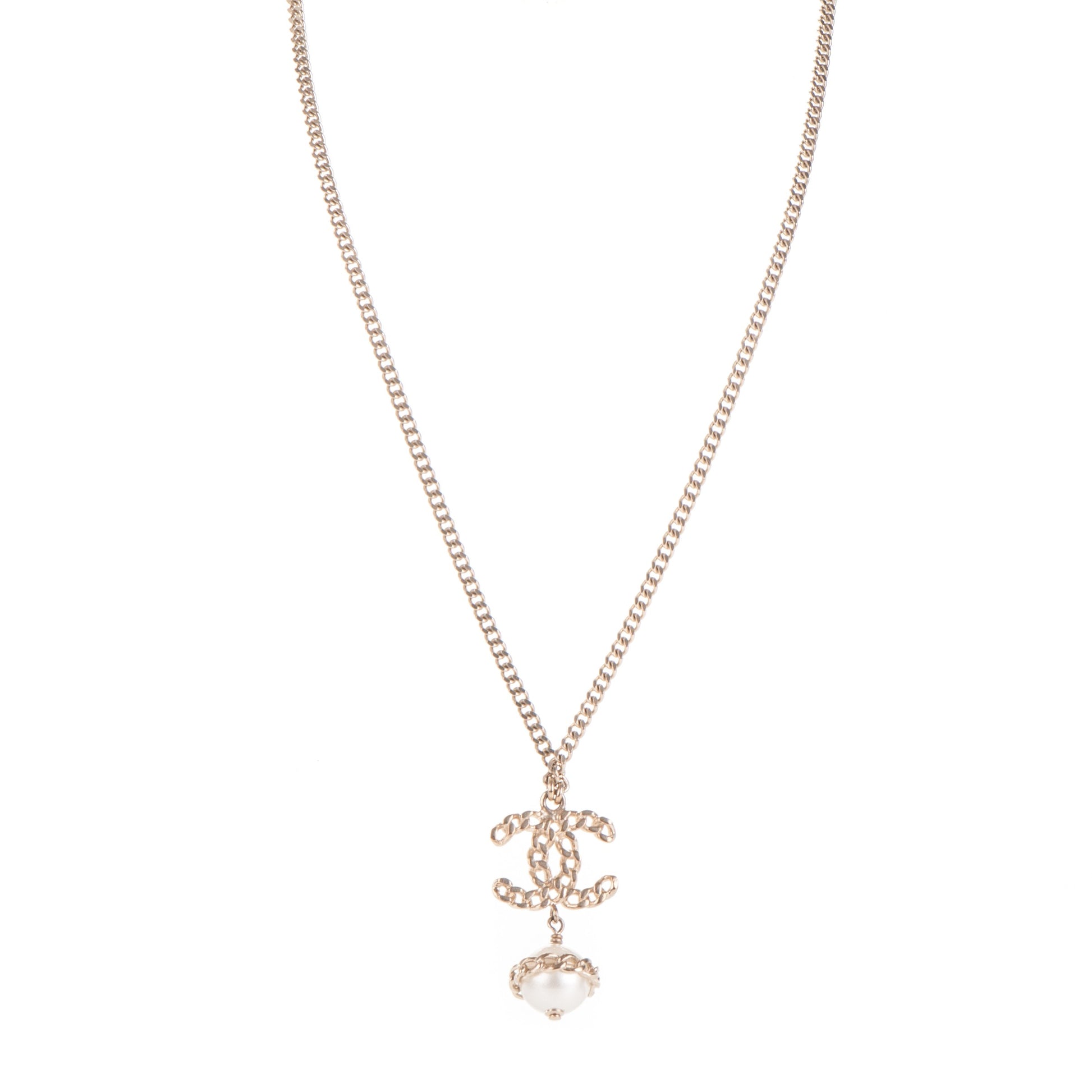 Chanel Chain CC Pearl Drop Necklace Gold 1 of 5