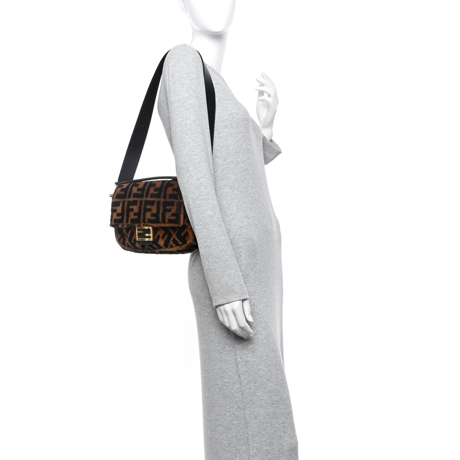 Fendi Shearling Vitello Dolce Macro FF 1974 Baguette Tobacco Black