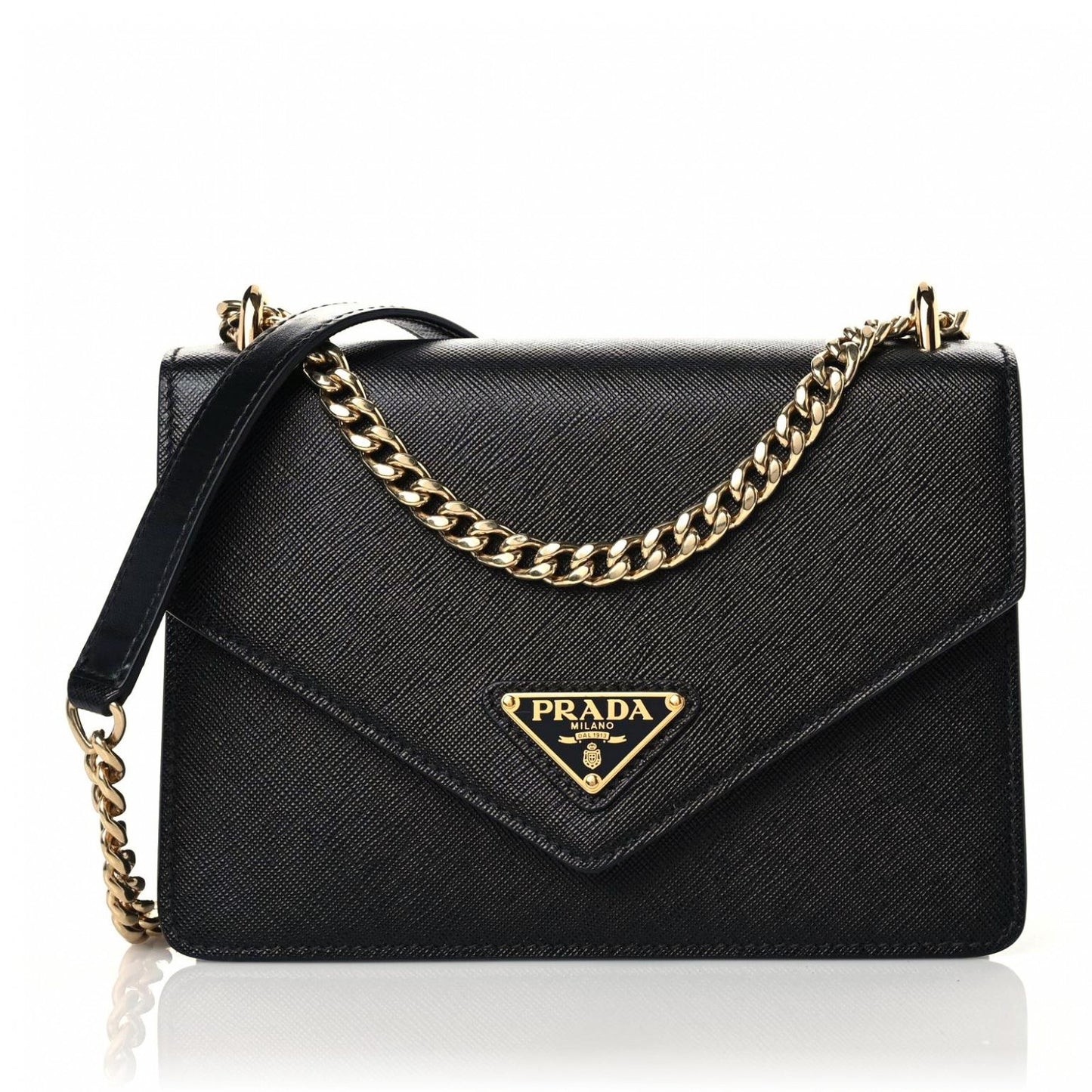 Saffiano Soft Calfskin Metal Triangle Logo Envelope Chain Shoulder Bag Black