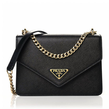 Prada Saffiano Soft Calfskin Metal Triangle Logo Envelope Chain Shoulder Bag Black 1 of 10