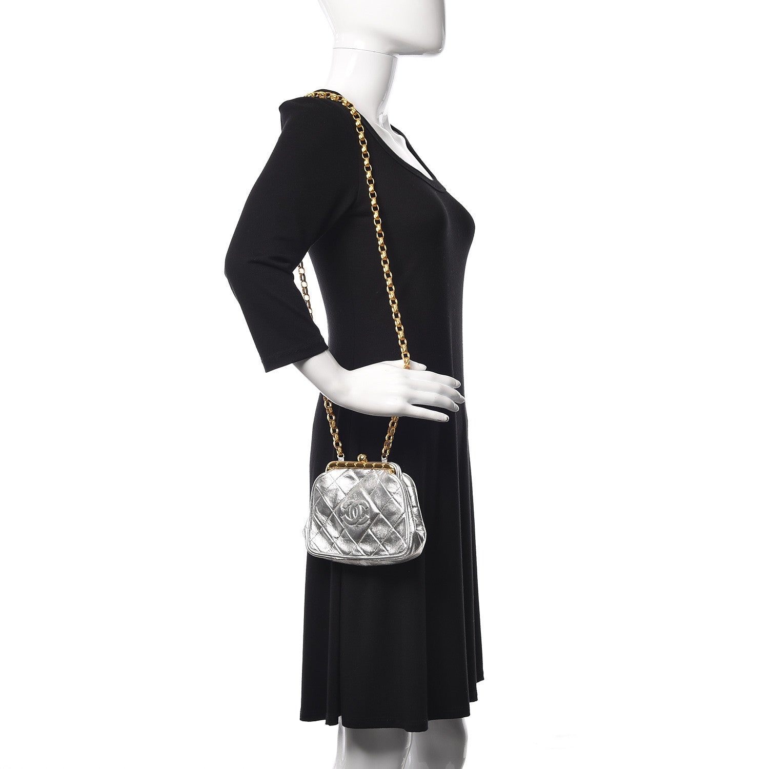 Chanel Metallic Lambskin Quilted CC Kiss Lock Evening Clutch Silver 2 of 11