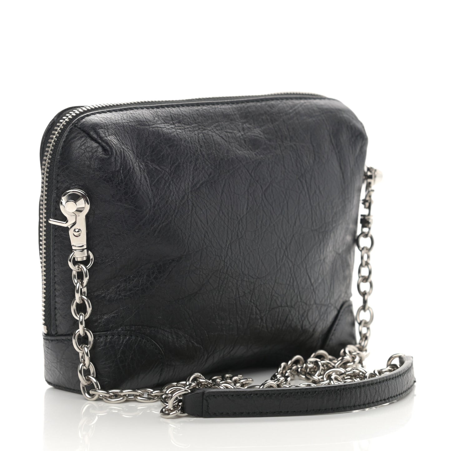 Agneau Classic Silver Hardware Pouch With A Chain Crossbody Black