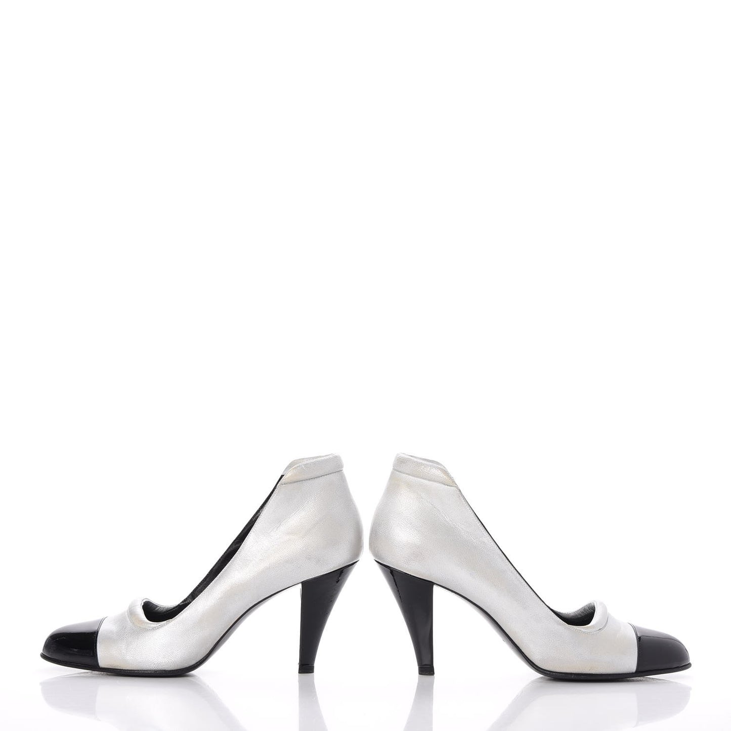 Metallic Lambskin Patent Cap Toe CC Pumps 39.5 Silver Black