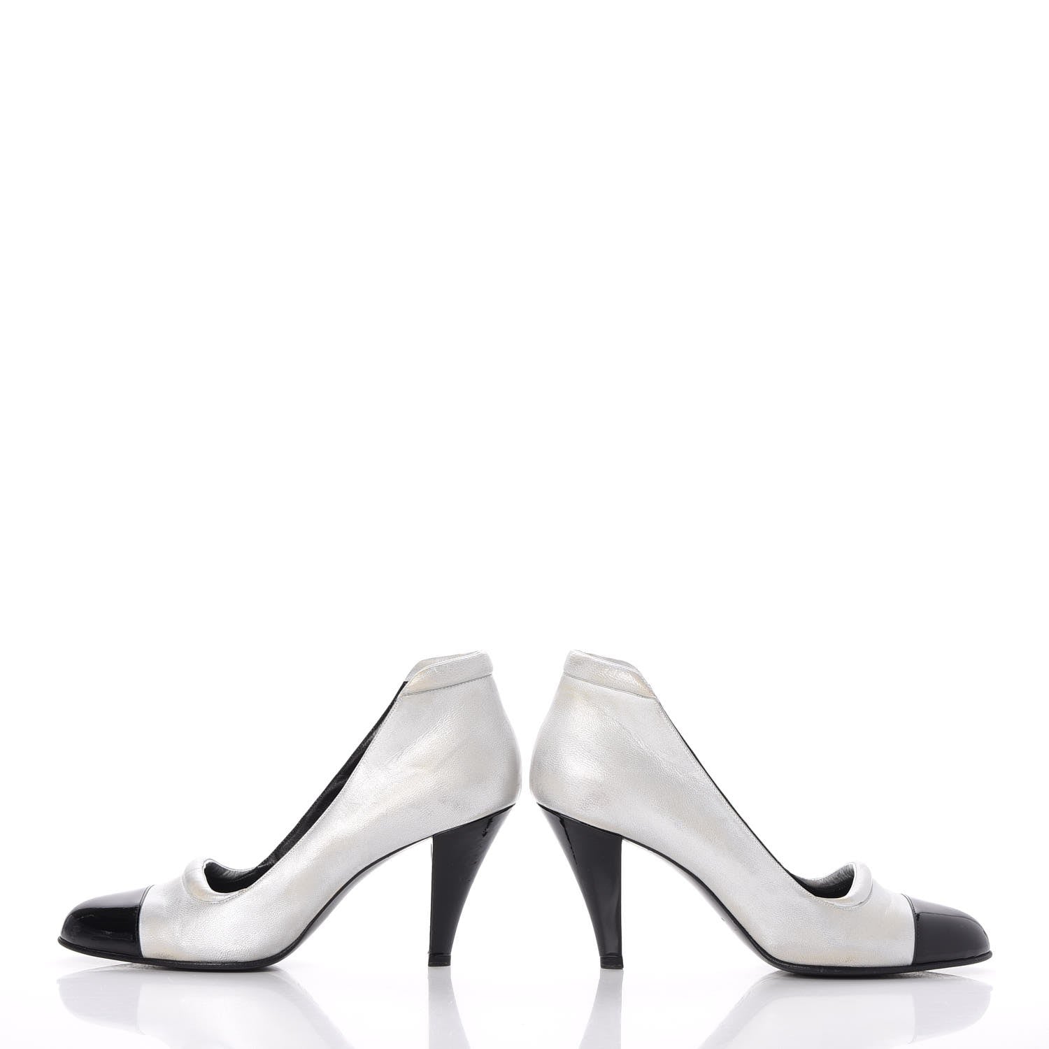 Chanel Metallic Lambskin Patent Cap Toe CC Pumps 39.5 Silver Black 5 of 19