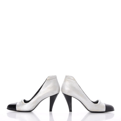 Chanel Metallic Lambskin Patent Cap Toe CC Pumps 39.5 Silver Black 5 of 19