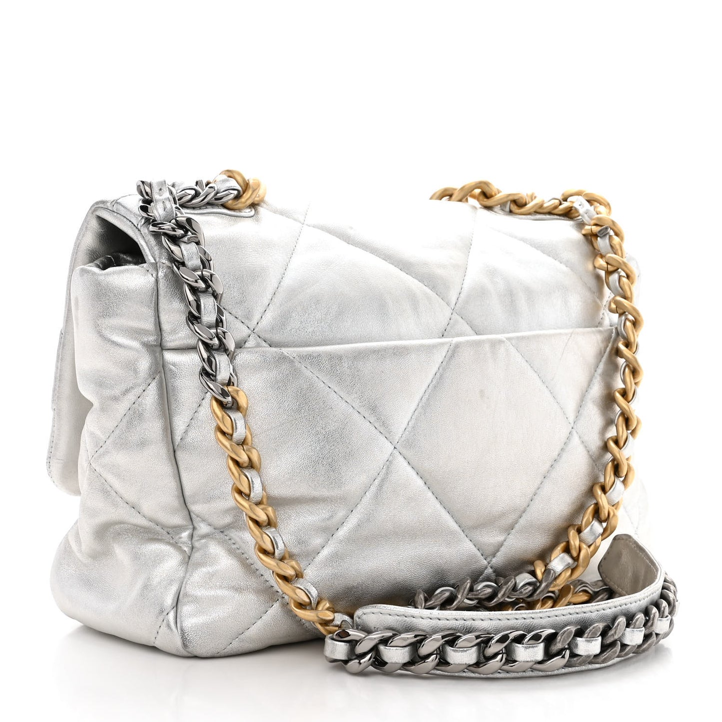 Metallic Lambskin Quilted Large Chanel 19 Flap Silver