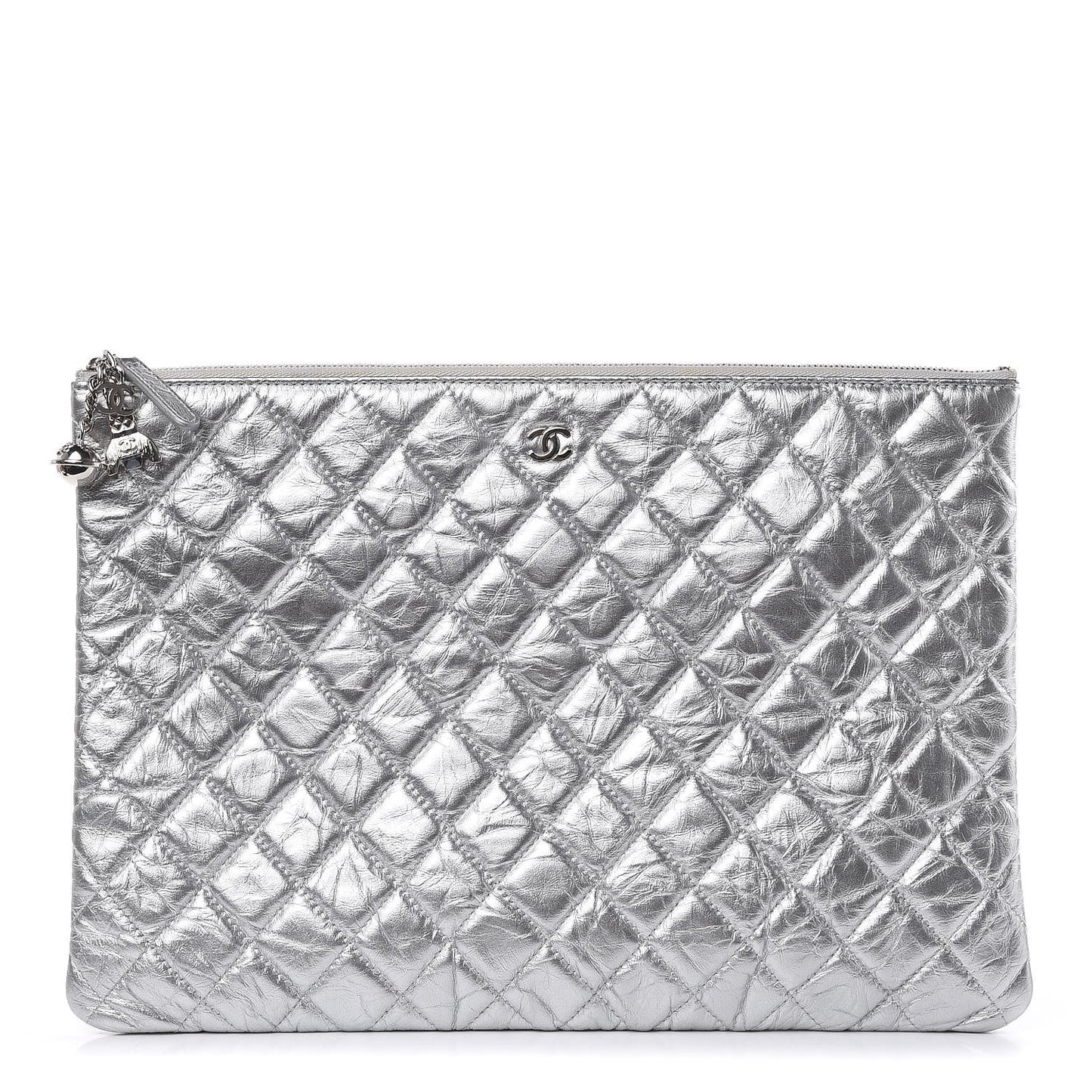 Metallic Calfskin Quilted Large Cosmo Cosmetic Case Silver