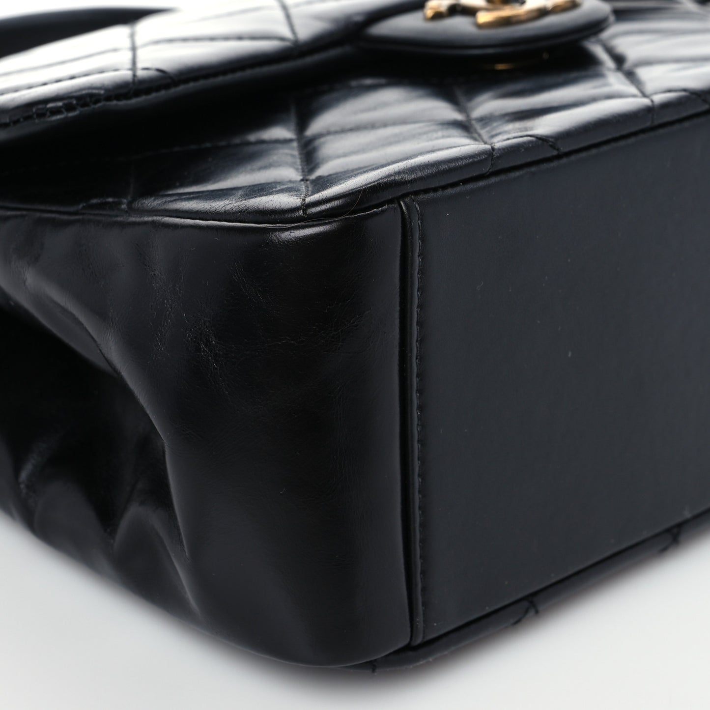 Glazed Calfskin Quilted Medium Gold Bar Top Handle Flap Black