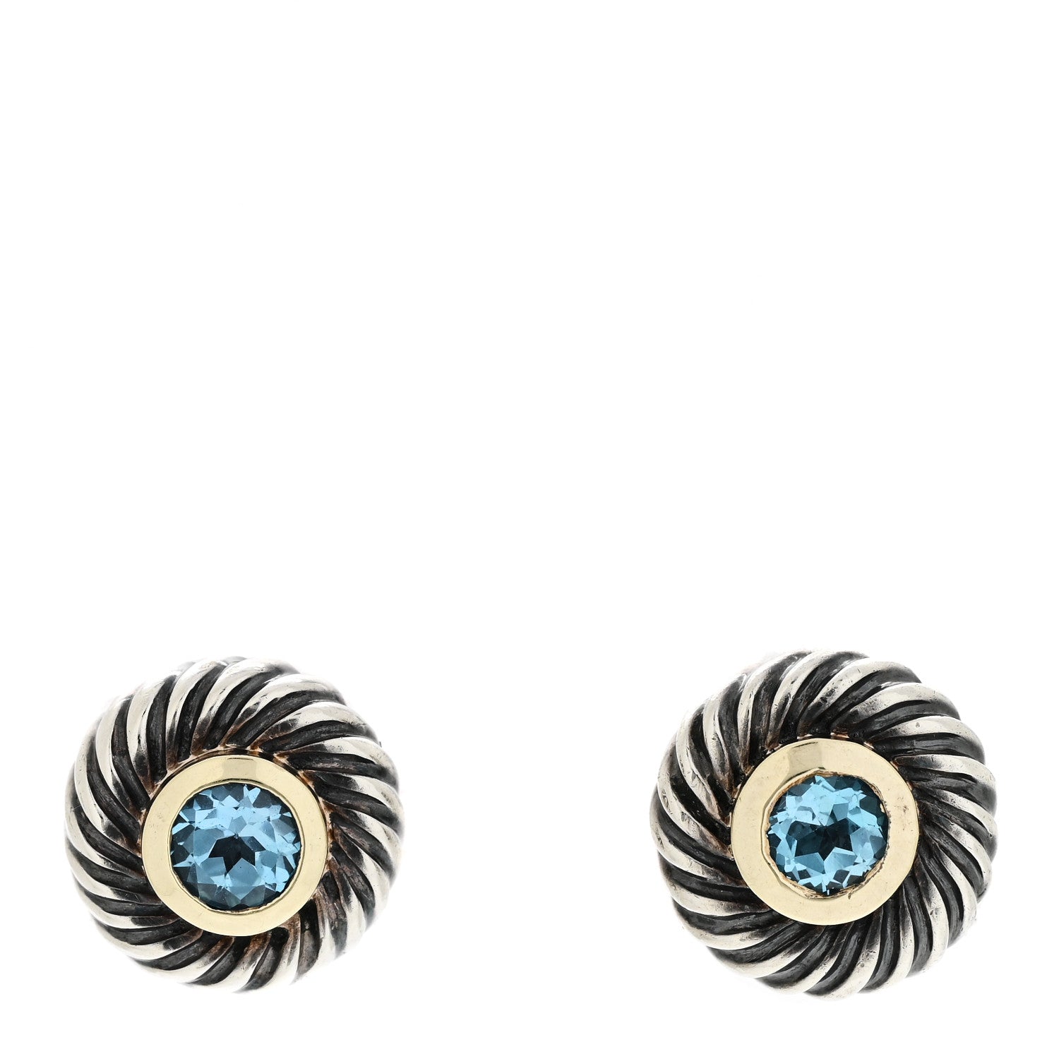 David Yurman Sterling Silver 14K Yellow Gold Blue Topaz Cookie Cable Earrings 1 of 4