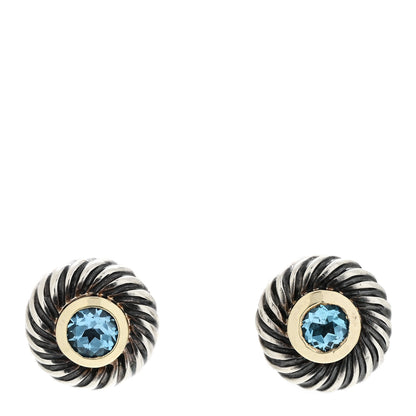 David Yurman Sterling Silver 14K Yellow Gold Blue Topaz Cookie Cable Earrings 1 of 4