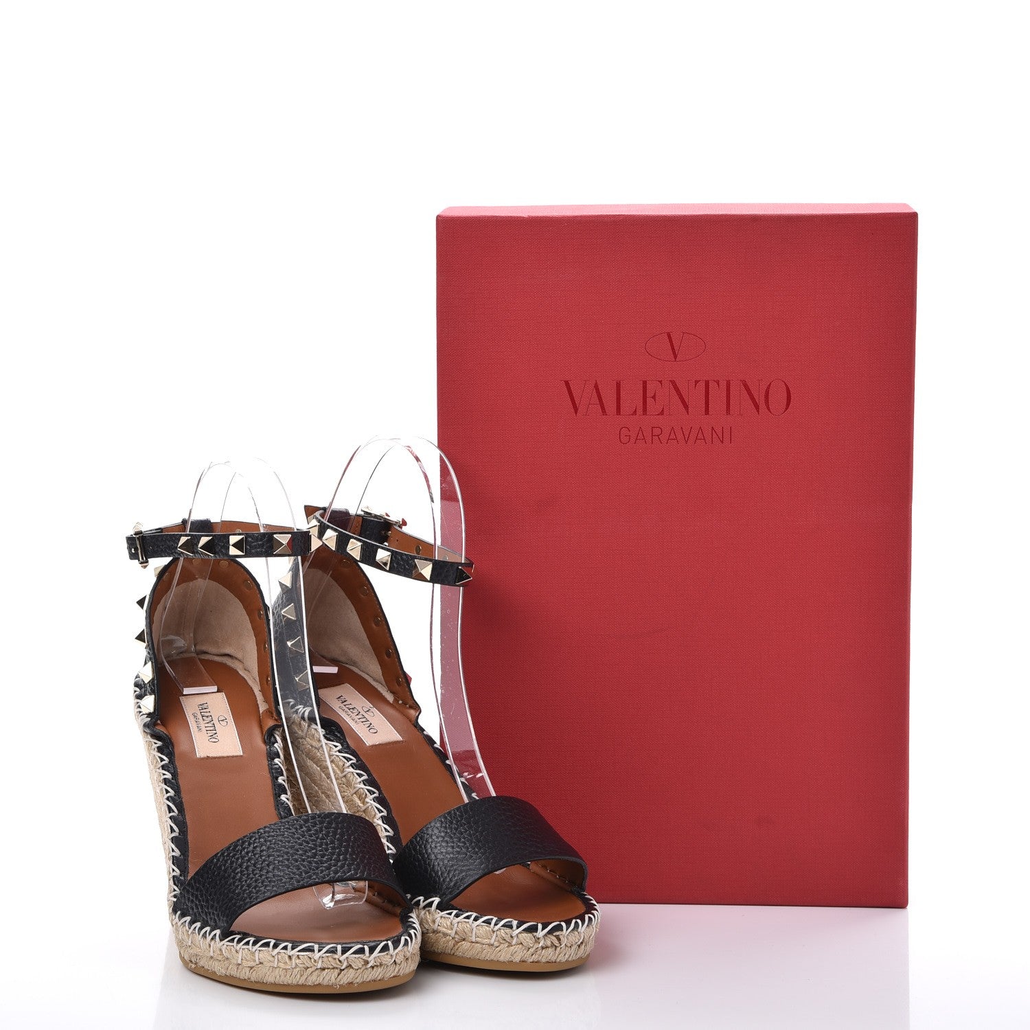 Valentino Garavani Grained Calfskin Rockstud Ankle Strap Espadrille 15/105mm Wedge Sandals 37 Black Light Cuir Natural 9 of 9