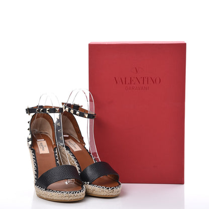 Valentino Garavani Grained Calfskin Rockstud Ankle Strap Espadrille 15/105mm Wedge Sandals 37 Black Light Cuir Natural 9 of 9
