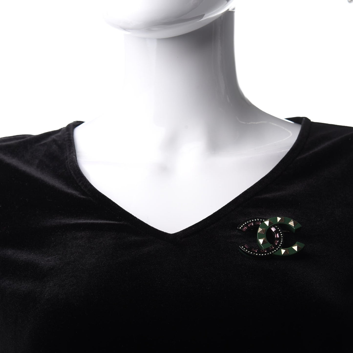 Resin Crystal Studded CC Brooch Green Multicolor