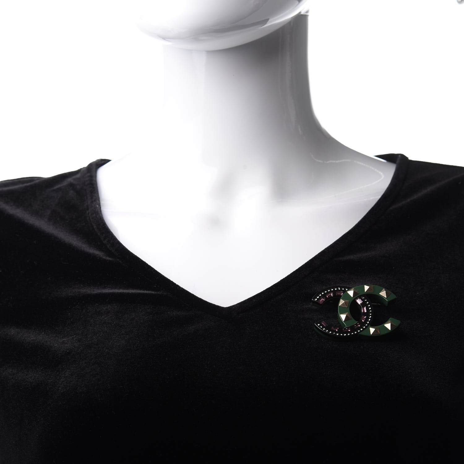 Chanel Resin Crystal Studded CC Brooch Green Multicolor 2 of 6