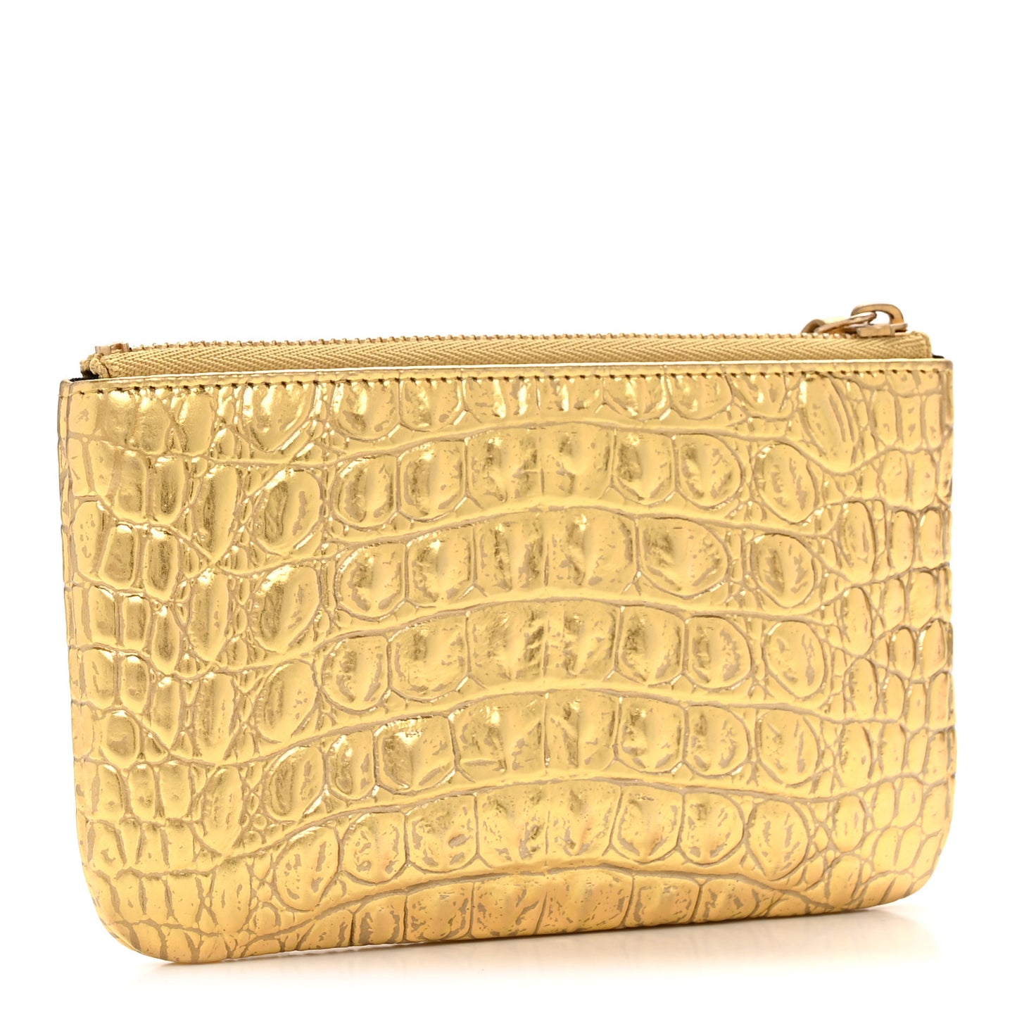 Metallic Calfskin Crocodile Embossed Cocodile Small Cosmetic Case Gold