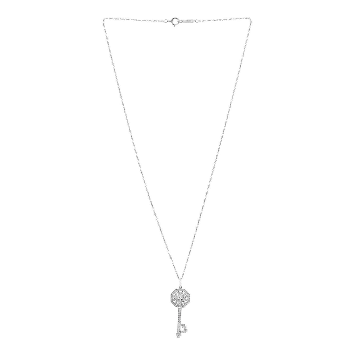 Platinum Diamond Octagon Key Charm Pendant Necklace