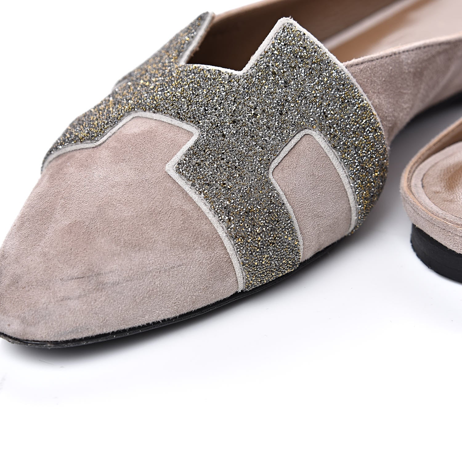 Hermes Suede Goatskin Crystal Roxane Mules 38 Champagne Rose Grey 11 of 12
