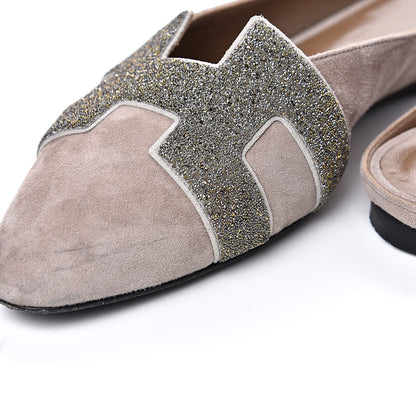 Hermes Suede Goatskin Crystal Roxane Mules 38 Champagne Rose Grey 11 of 12