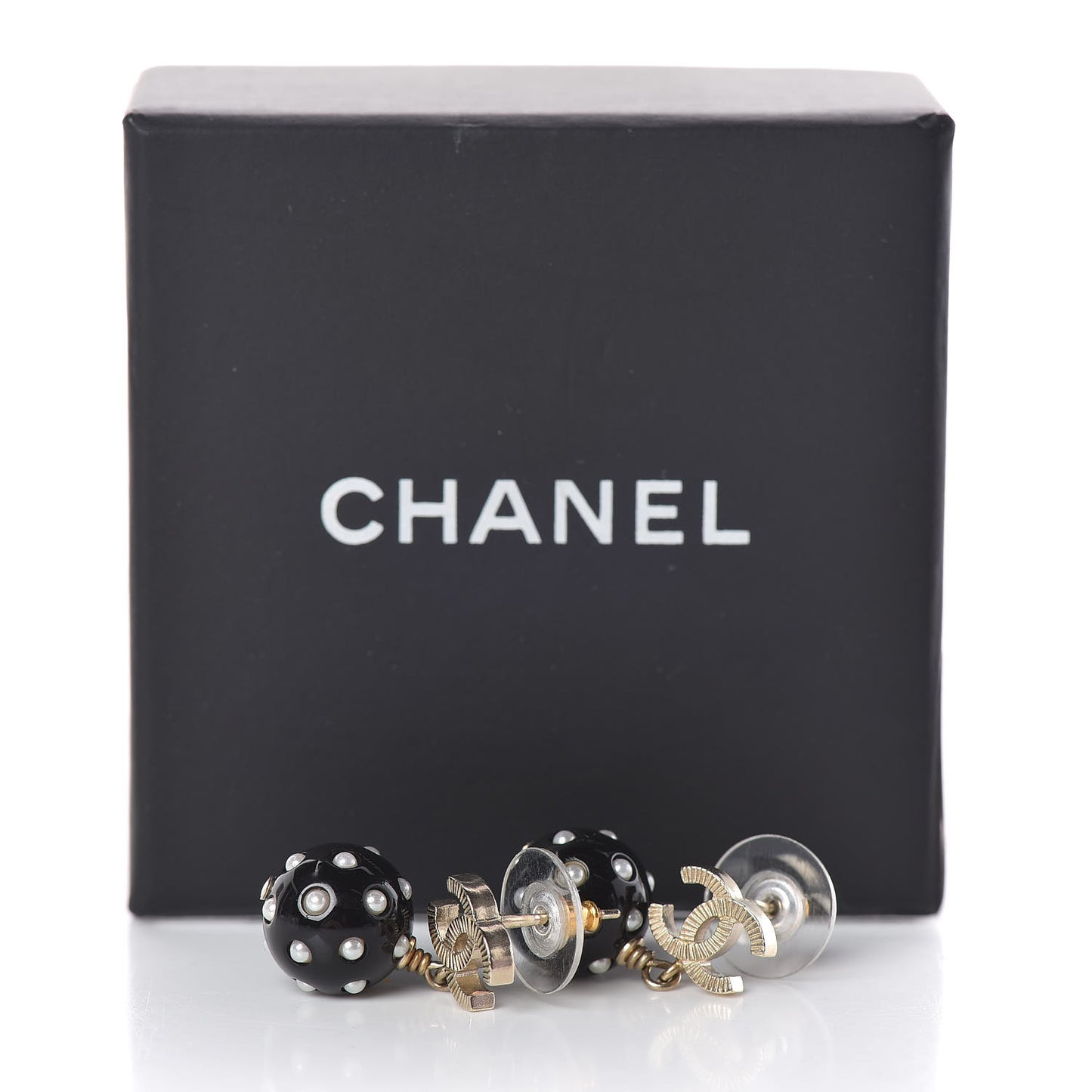 CC Bead Pearl Drop Earrings Gold Black