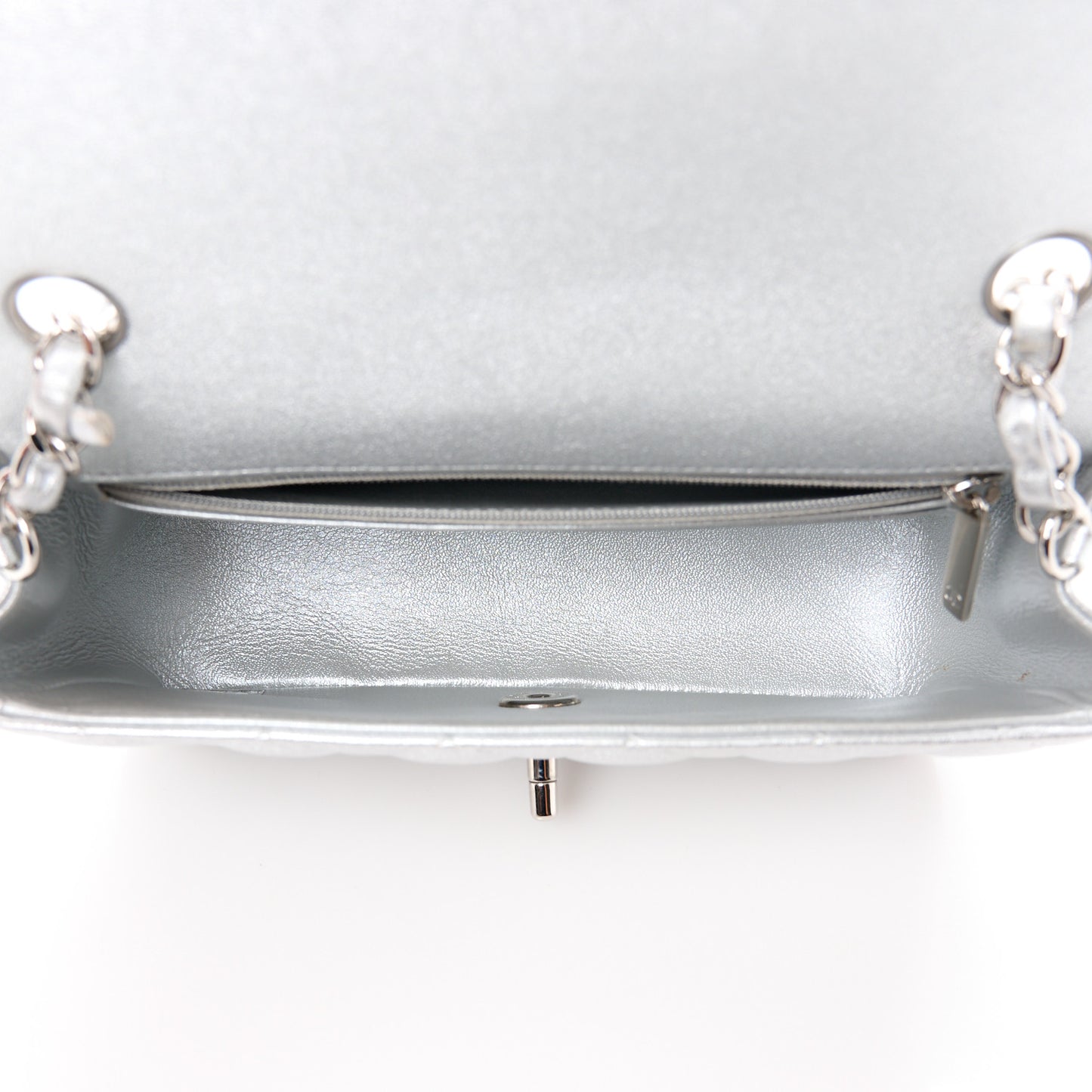 Metallic Lambskin Quilted Mini Rectangular Flap Silver