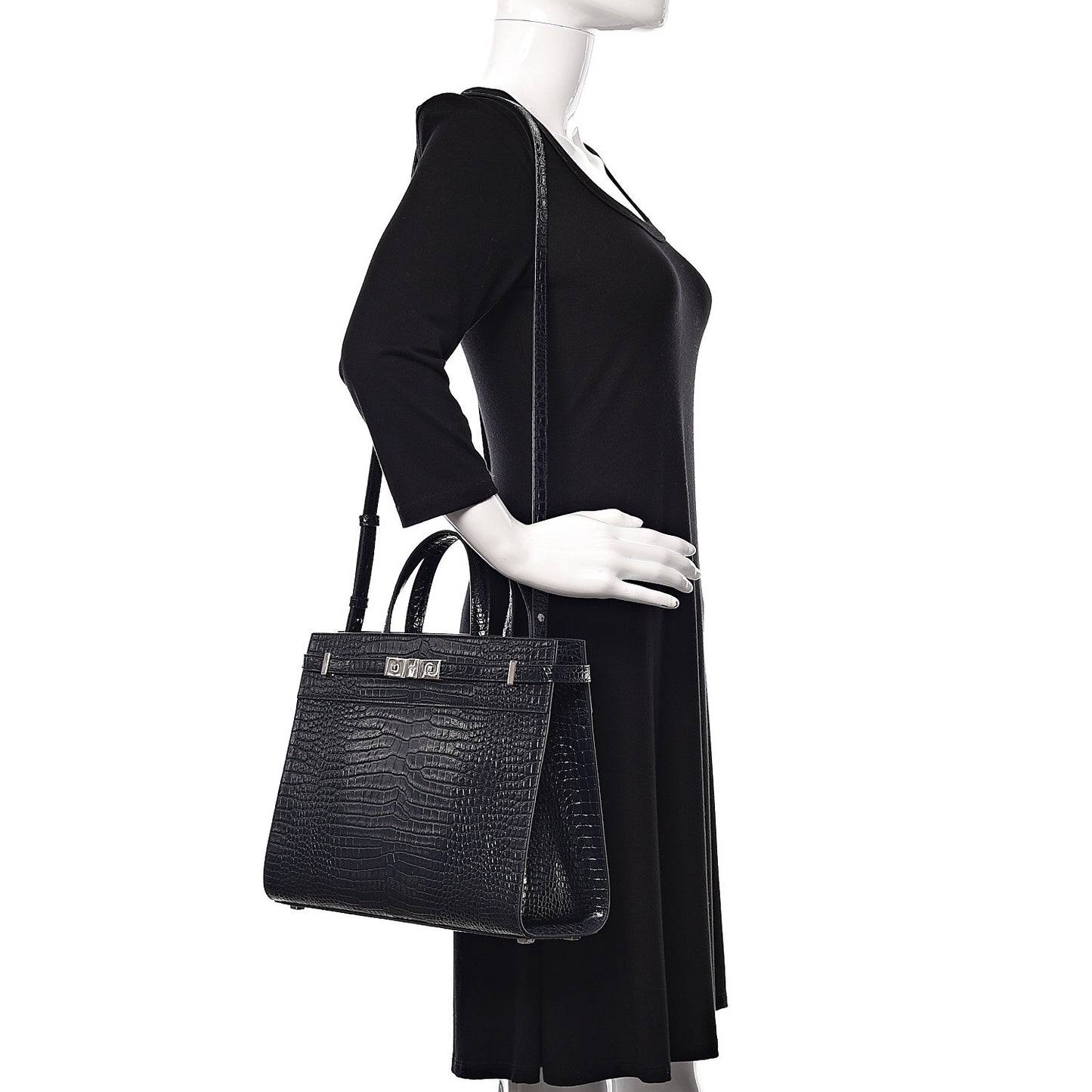 Shiny Calfskin Crocodile Embossed Small Manhattan Shopper Tote Deep Marine