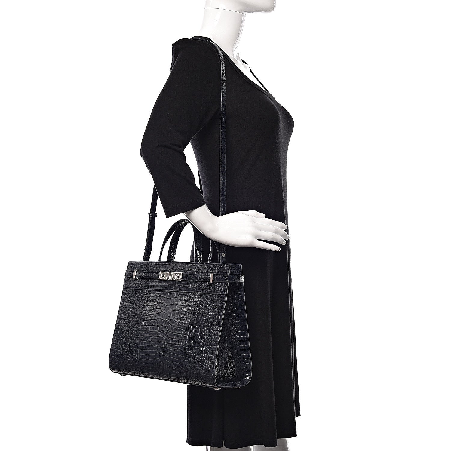 Saint Laurent Shiny Calfskin Crocodile Embossed Small Manhattan Shopper Tote Deep Marine 2 of 10