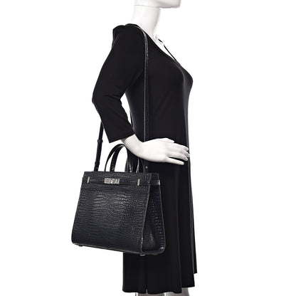 Saint Laurent Shiny Calfskin Crocodile Embossed Small Manhattan Shopper Tote Deep Marine 2 of 10
