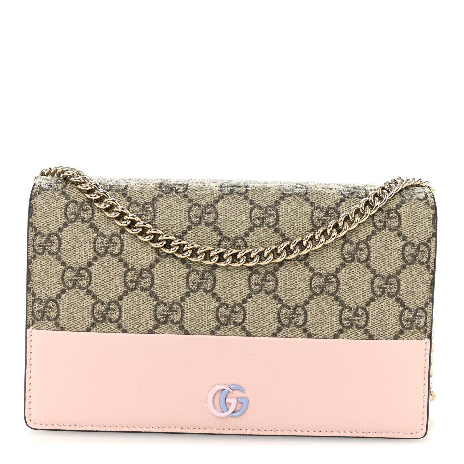 Gucci GG Supreme Monogram Textured Dollar Calfskin Mini GG Marmont Chain Wallet Light Pink Blue Beige 1 of 10