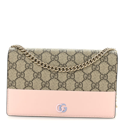 Gucci GG Supreme Monogram Textured Dollar Calfskin Mini GG Marmont Chain Wallet Light Pink Blue Beige 1 of 10