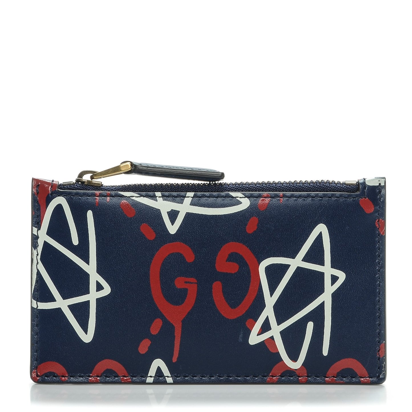 Calfskin GucciGhost Coin Case Card Holder Blue Agata Hibiscus Red