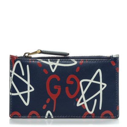 Gucci Calfskin GucciGhost Coin Case Card Holder Blue Agata Hibiscus Red 1 of 6