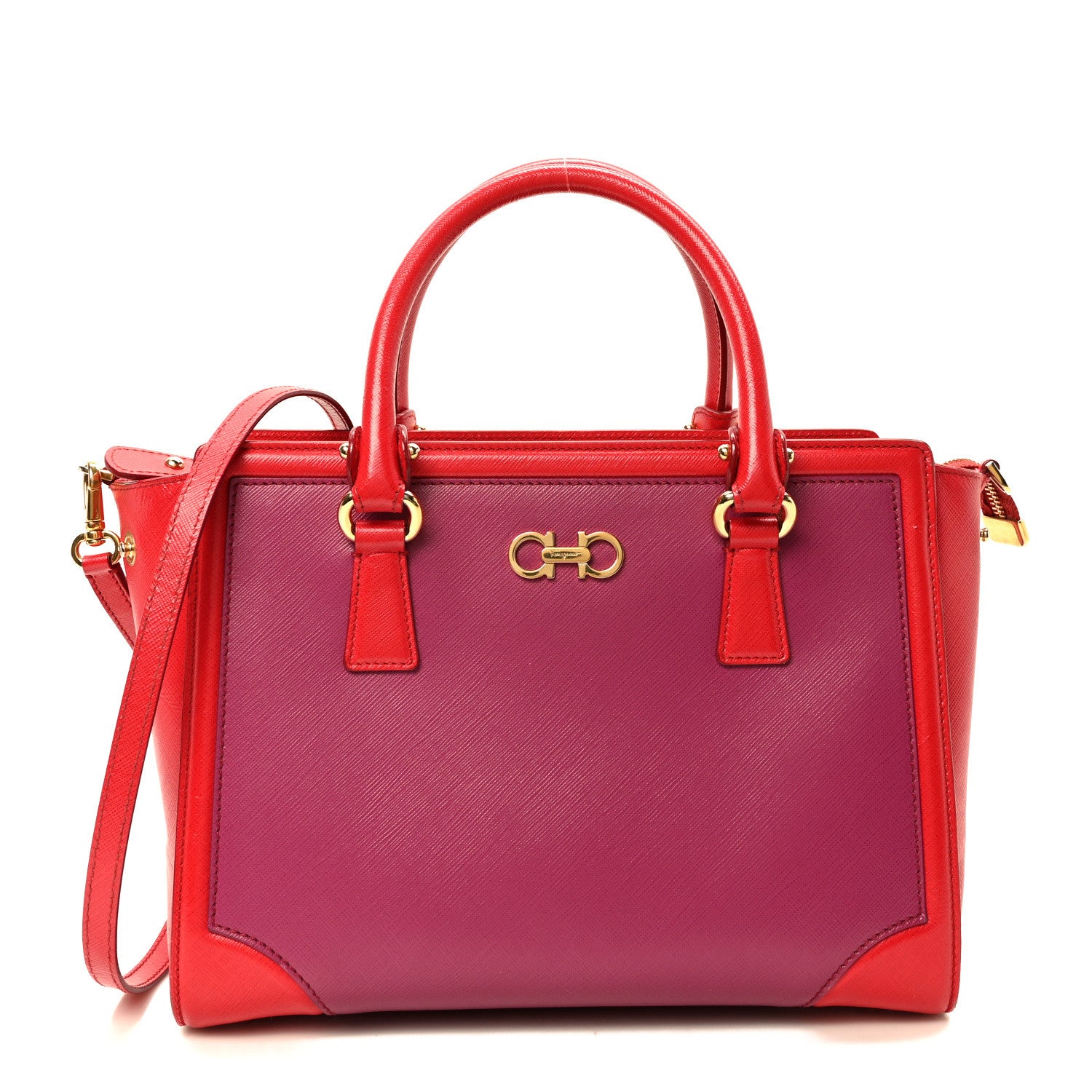 Salvatore Ferragamo Printed Calfskin Gancini Tote Red Purple 1 of 10